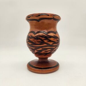 Handturned Handcarved Caramel Brown Wooden Pedestal Vase Black Accent‎ Carvings